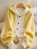 Fongt Style Yellow Splicing Hood Design Sweater Coat Knitted Cardigan Showing Lean Long Sleeves Loose Casual Top