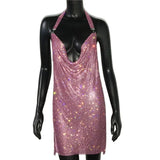 Crystal Rhinestone Drape Backless Dress 2023 NEW Mesh Sequin Bodycon Club Halter 2 Slits Evening Party Christmas Mini
