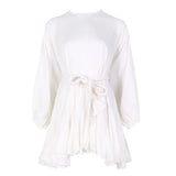 Spring Hit Color Patchwork Womens Dress O Neck Puff Sleeve Bandage Pleated Dresses Female 2022 Casual Fashion