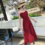 Backless Long Women Dress Korean Chic Solid Color Gorgeous Spaghetti Strap Dress Summer Red Simple Elegant Vestidos