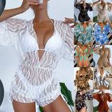 Fongt Long Sleeve Mesh Harness Waist One-Piece Swimsuit High Waist Print Drawn Rope Three-Piece