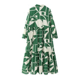 Fongt Women's Long-Sleeved Green-Print Shirt Dress 3662