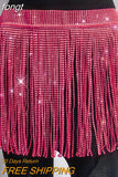 Women New Solid Tassel Sexy Two Piece Set Rhinestone V Neck Sleeveless Halter Backless Top Camis Hollow Out Party Mini