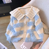 And Winter Lapel Sweater Spliced Woolen Striped Sweater Coat Women's New Lazy Cardigan Coat-Outfit