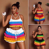 Fongt Striped Knitted Neck Top + Lotus Side Shorts Set Sexy Umbilked Fashion Two-Piece Set