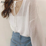 Women Solid Color Minimalist Long Sleeve Fairy Elegant V-neck Knitting Thin Breathable Soft Casual Basic Sun-proof