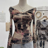 Fongt Shooting Strapped With Hollow Retro Print Long-Sleeved Mesh T-Shirt Ribbon Design Spring And Summer Top 1195