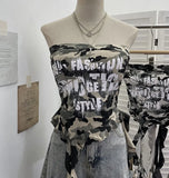 Fongt Shooting Hottie Camouflage Letter Print Chest Vest With Chest Pad Irregular Ribbon Short Top 8088