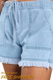 Women's Washed Denim Shorts, Casual Drawstring Elastic Waist Frayed Hem Loose Short