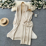 Fongt Senior Sense Loose External Medium And Long Knitted Cardigan Jacket + Sleeveless Metal Buckle Joint Skirt