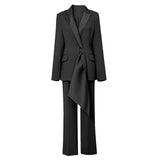 Solid Two Piece Set Womens Notched Collar Long Sleeve Blazer High Waist Wide Leg Pants Female Sets Fashion