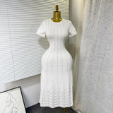 Fongt New Elegant Round Neck Nails Hollow Slimming Temperament Short-Sleeved Knitted Dress Woman