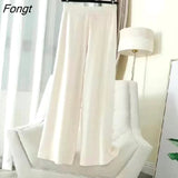 Autumn/Winter Women Pants Warm High Waist Loose Knitted Wide Leg Pants Baggy Side Slit Casual Pants
