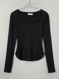 Deep V-Neck T Shirt Women Basic Solid Slim Cotton Tees Long Sleeve Casual Female T-shirt Elastic Korean Tops 2024-Outfit