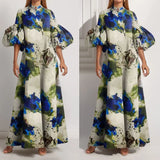 Fongt New Women's Temperament Loose-Fitting Painted Long Dress Big Swing Bubble Sleeve Dress