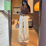 Fongt Apricot High-Waist Plus Velvet Thin Straight Jeans Women 2025 Autumn And Winter Loose Commute Wide-Legged Trousers