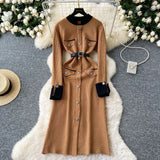 Fongt And Winter Small Fragrant Style Long-Sleeved Temperament Dress Elegant Metal Button Decoration Waist Open Fork Knitting Dress
