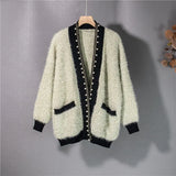New 2021 Women's Autumn Winter Sweaters Fashionable Elegant Oversized Cardigans Pearls Pockets Vintage Tops