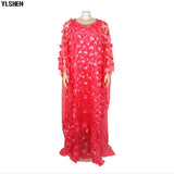 New African Dresses for Women Dashiki Lace Flower African Clothes Bazin Kaftan Boubou Robe Africain Dress Embroidery Long