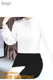 Women's Blouse Silk Tops for Women Solid Embroidered Long Lantern Sleeve Top Stand Neck Clothing Female 2023 Basic