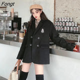 New Women Jacket Loose Black Preppy Style Woolen Coat Notched Collar Fashion Baggy Suit Coat Female