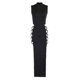 Fongt Knitted Strap Open Dress Women Women's Summer Black Sexy Dew Temperament Long