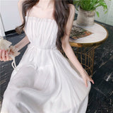 Dress Women Folds Design Solid Sexy Girls A-line College Stylish Korean Fashion Midi Spaghetti Strap Simple