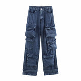 Fongt Women's Loose Jeans 2025 Spring French Retro Casual Multi-Pocket High-Waisted Trousers