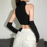Fongt 2023 New Women's Solid Color Sexy High Neck Sleeveless Hollow Out Crop Vest-Outfit