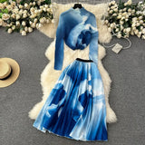 New Advanced Casual Women's Elastic Long Sleeve Pleated Top+High Waist Pleated Half Skirt Printed Skirt 2-piece Set-Outfit