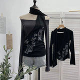 Fongt Hottie Side Hanging Neck Scarf Print Knitted Top Design Embody T-Shirt 2786