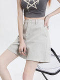 Fongt Denim Shorts Female Summer Thin 2024 New Design Sense Small High Waist Show Thin Wide Leg Five Split Pants-Outfit