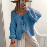 Fongt Autumn Winter New Round Collar Long Sleeve Top Pink Lace Sweater Lazy Wind Women's Cardigan