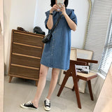 Style Summer Doll Collar Denim Dress Short Sleeves Loose Cute Midi