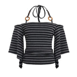 Fongt New Retro Stripe Shoulder Horn Sleeve T-Shirt Hottie Beaded Neck Small Repair Body