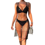 Fongt Women Wear Flash Mesh Fishnet Tassel V Collar Sexy Bikini Hood Dress