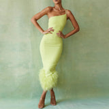 Women's Green French Sling Dress Women's Ostrich Hair Splicing Temperament High-End Thin Sling