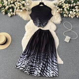 Blooming Printed Skirt Suit Women's New Thread Temperament Half-high Collar Top + Pleated Skirt Two-piece Set-Outfit