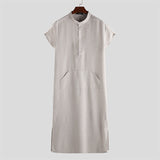 Men Islamic Arab Muslim Kaftan Stand Collar Short SLeeve Pockets Vintage Robes Middle East Solid Men Jubba Thobe S-5XL