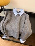 Fongt 2025 New Fake Two Shirt Collar Sweater Women With Lazy Wind Collared Gray Knitted Shirt Top