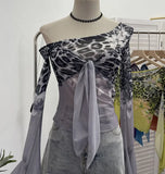Hottie Sexy Leopard Print Mesh Fake Two Strap Long-Sleeved Top Short Slanted Shoulder T-Shirt