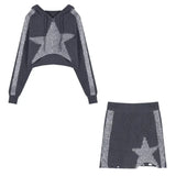 Vintage Women Knitted Set Zip Up Cropped Cardigan Autumn Star Sweater Jackets Hooded Knitted Skirts Casual Two Pieces Sets-Outfit
