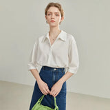 French Seven Sleeve Shirt Women's Summer 2022 New Solid Color Professional Polo-Neck Causal Lightweight Women