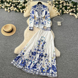 Fongt Dress Dress Woman 2025 New French Waist Bubble Sleeve Print Top High Waist Swing Long Skirt