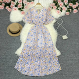 Fongt Wind Temperament Sweet Broken Flower V Collar Dress Beach Vacation Snow Spinning A Word Long Skirt-Outfit