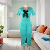 Fongt Small Fragrant Temperament V-Neck Bow Bow With Beads Button Opening Knitted Dress