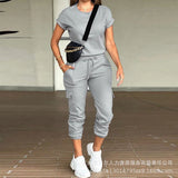 Women's Solid Color Round Collar Top Multi Pocket Jog Pants Set-LZS7514-Outfit