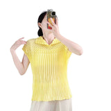 Fongt Folded Summer New High-End Pure Color Temperament Elegant Collar Short Sleeve Blouse Hand Folding Top