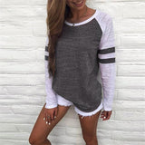 Fongt Fashion New Summer Hit-Colored Stripe Splicing Long-Sleeved T-Shirt Round Collar Top Lady