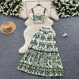 Fongt And White Porcelain Printing Set Of Women In Summer Pure Desire To Bare Belt Slings Small Vest + High Waist Mid-Dress Skirt